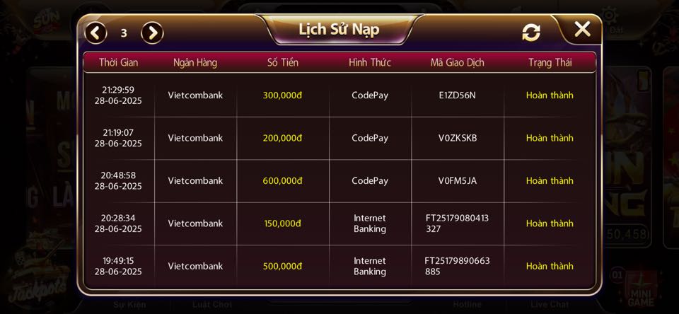 Ảnh nạp tiền Sunwin bằng CODEPAY và Chuyển Khoản