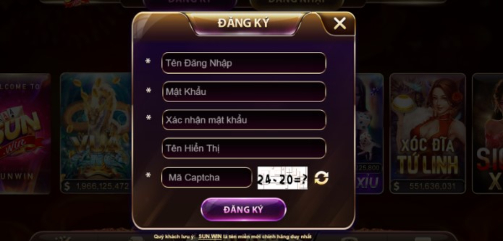 Biểu mẫu đăng kí tài khoản tại Sunwin